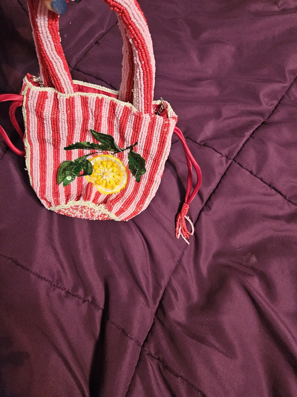 NWOT Pink Striped Beaded Lemon Accent Tote